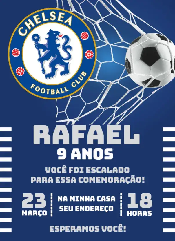 Convite Chelsea 2 – tema Aniversário futebol, azul e branco, moderno, divertido, temático, esportivo
