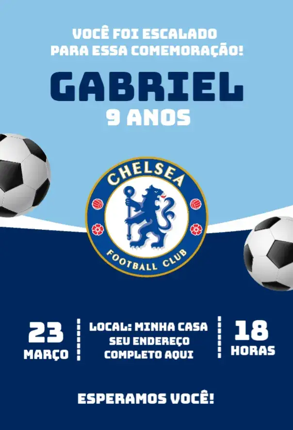 Convite Chelsea 3 – tema Aniversário futebol, esporte, Chelsea Football Club