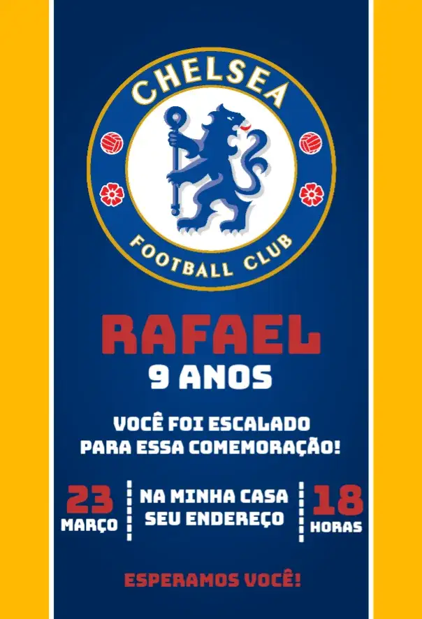 Convite Chelsea 4 – tema Aniversário futebol, moderno, vibrante, esportivo, colorido