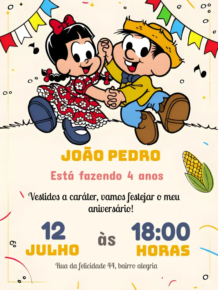 Convite Chico Bento Arraiá Turma editável e personalizável