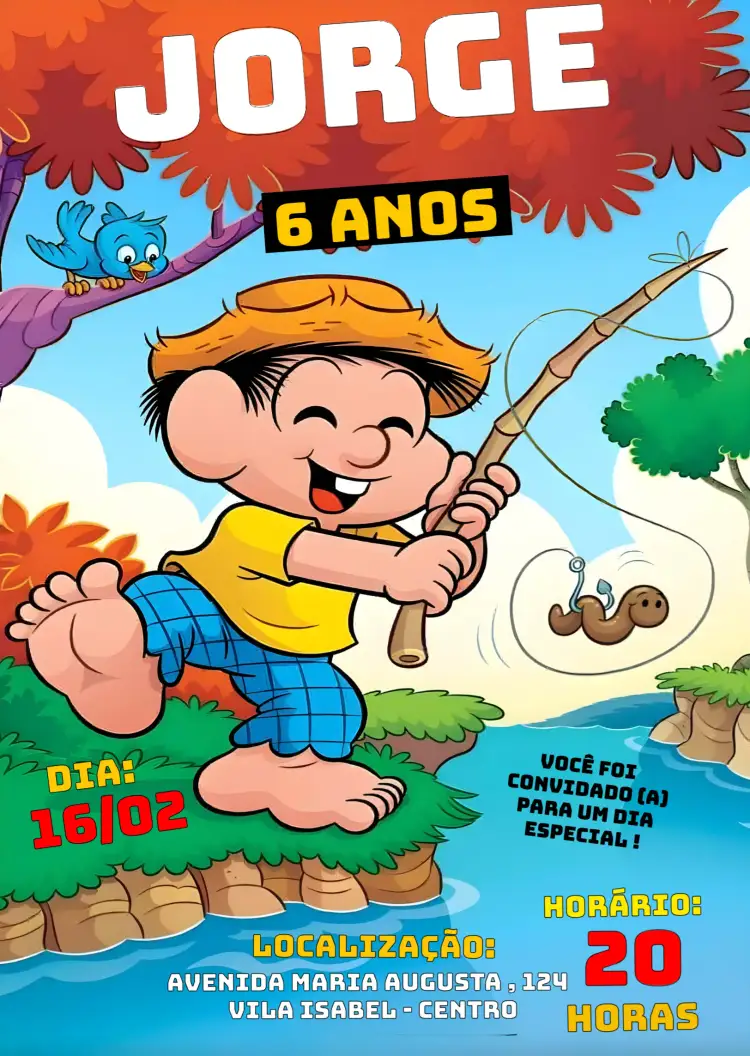 Convite Chico Bento Colorido – tema Mais pesquisados colorido, divertido, infantil, super-heróis, Turma da Mônica