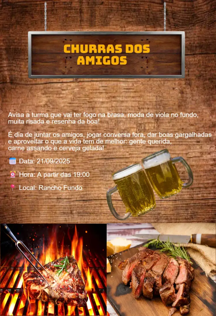 Convite churasco – tema Aniversário colorido, moderno, divertido, gráfico, casual, vibrante