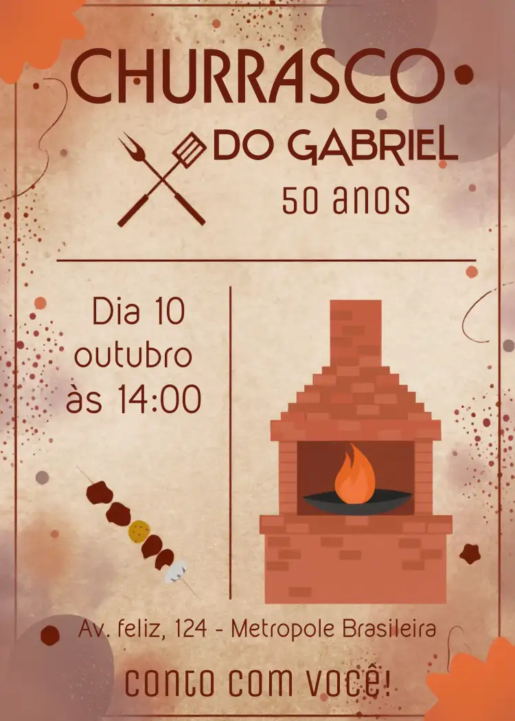 Convite Churrasco Adulto Carne – tema Aniversário rústico, moderno, colorido, descontraído, casual, tropical