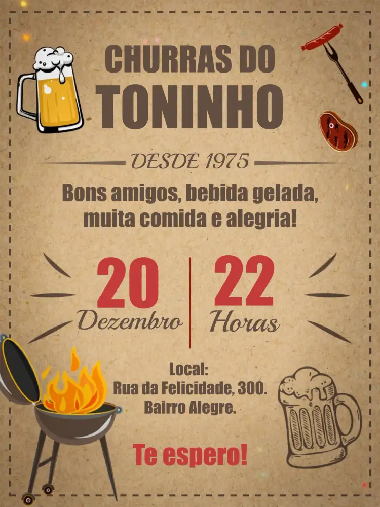Convite Churrasco Boteco Masculino – tema Aniversário masculino, boteco, churrasco, vintage, rústico