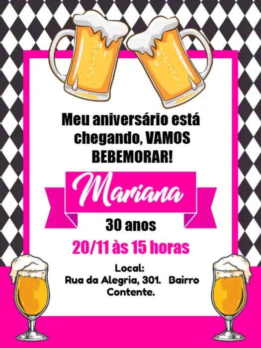 Convite Churrasco Boteco Rosa Chopp – tema Aniversário rosa, boteco, churrasco, festivo, moderno