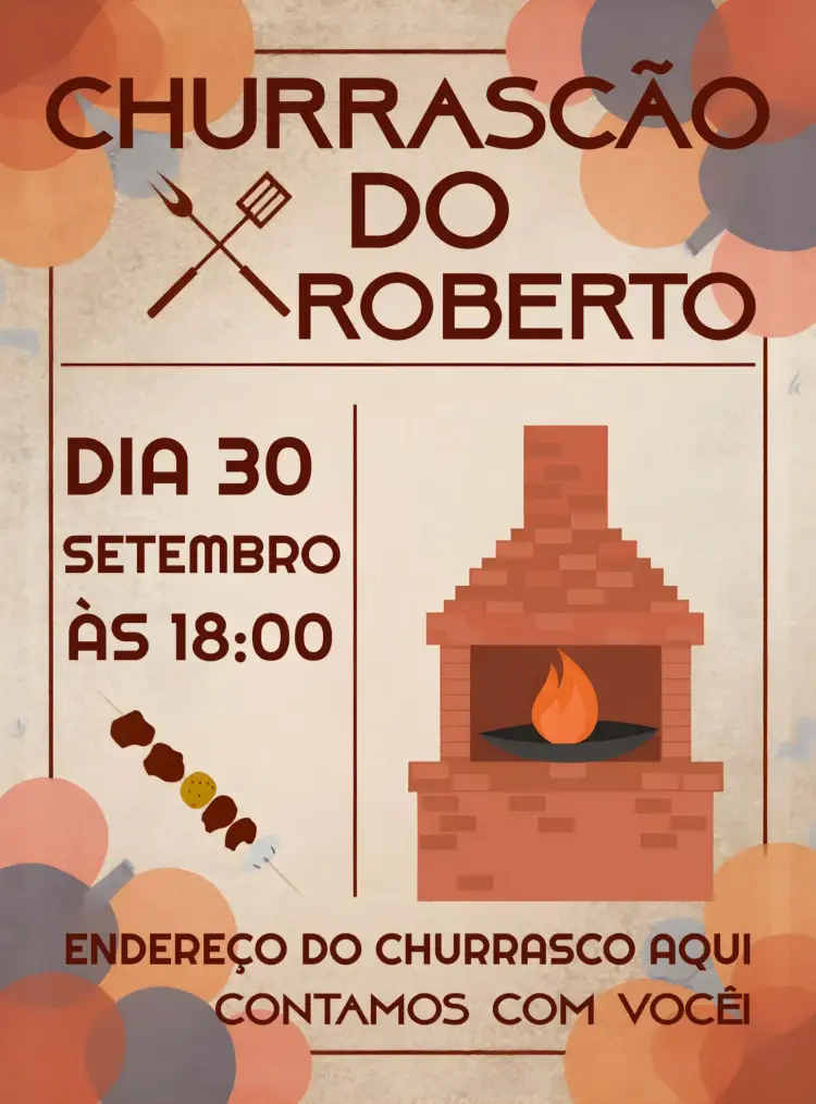 Convite Churrasco Carne – tema Aniversário moderno, vibrante, grill, rústico, descontraído, colorido