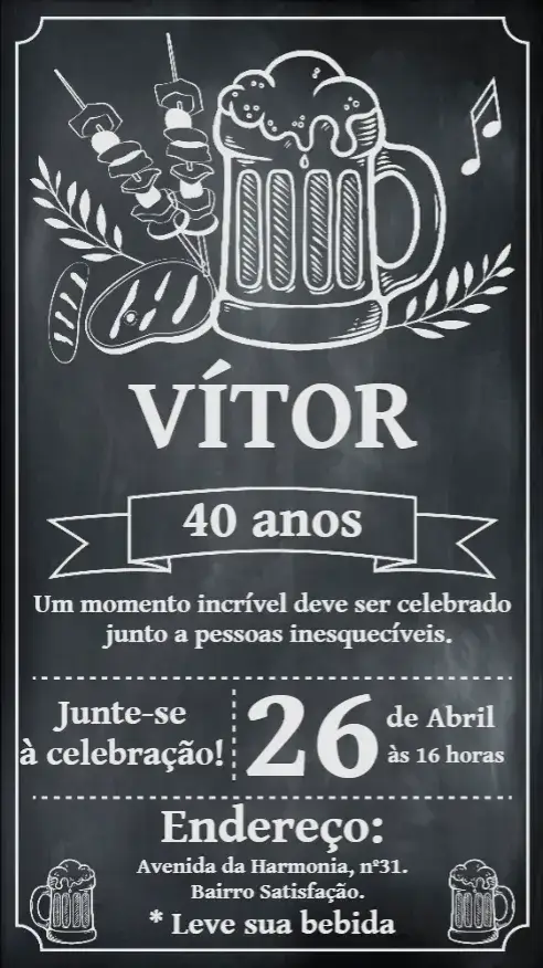 Convite Churrasco Chalkboard Chopp – tema Aniversário chalkboard, moderno, rústico, preto e branco, vintage, craft