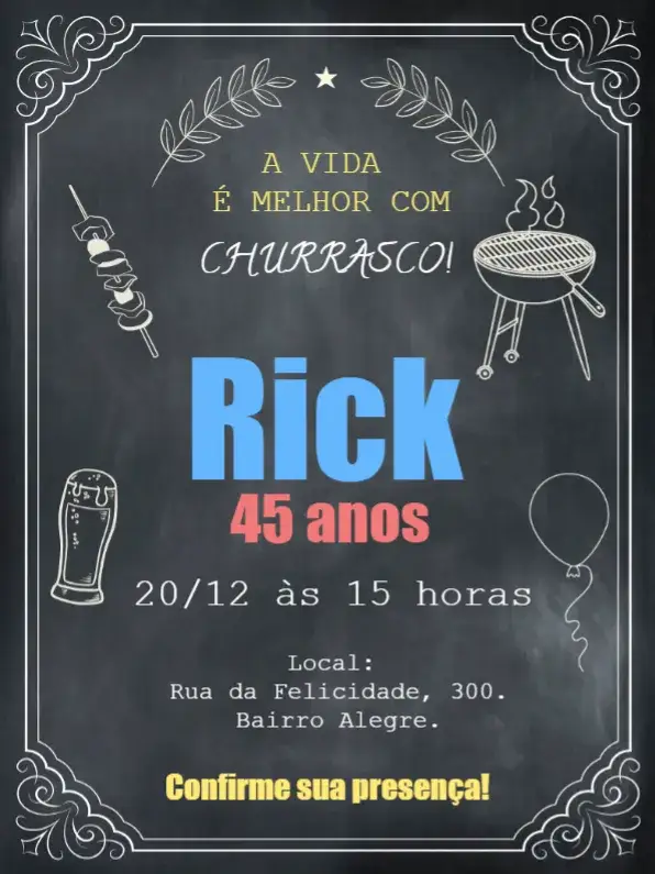 Convite Churrasco Chalkboard Churrasqueira – tema Aniversário chalkboard, boteco, churrasqueira, masculino, descontraído