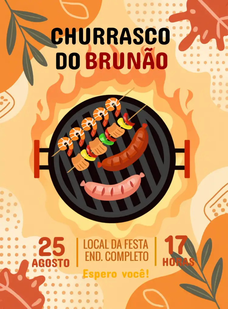 Convite Churrasco Espetinho – tema Aniversário cores quentes, estilo rústico, elementos gráficos de churrasco, design alegre, temática de festa ao ar livre, visual descontraído