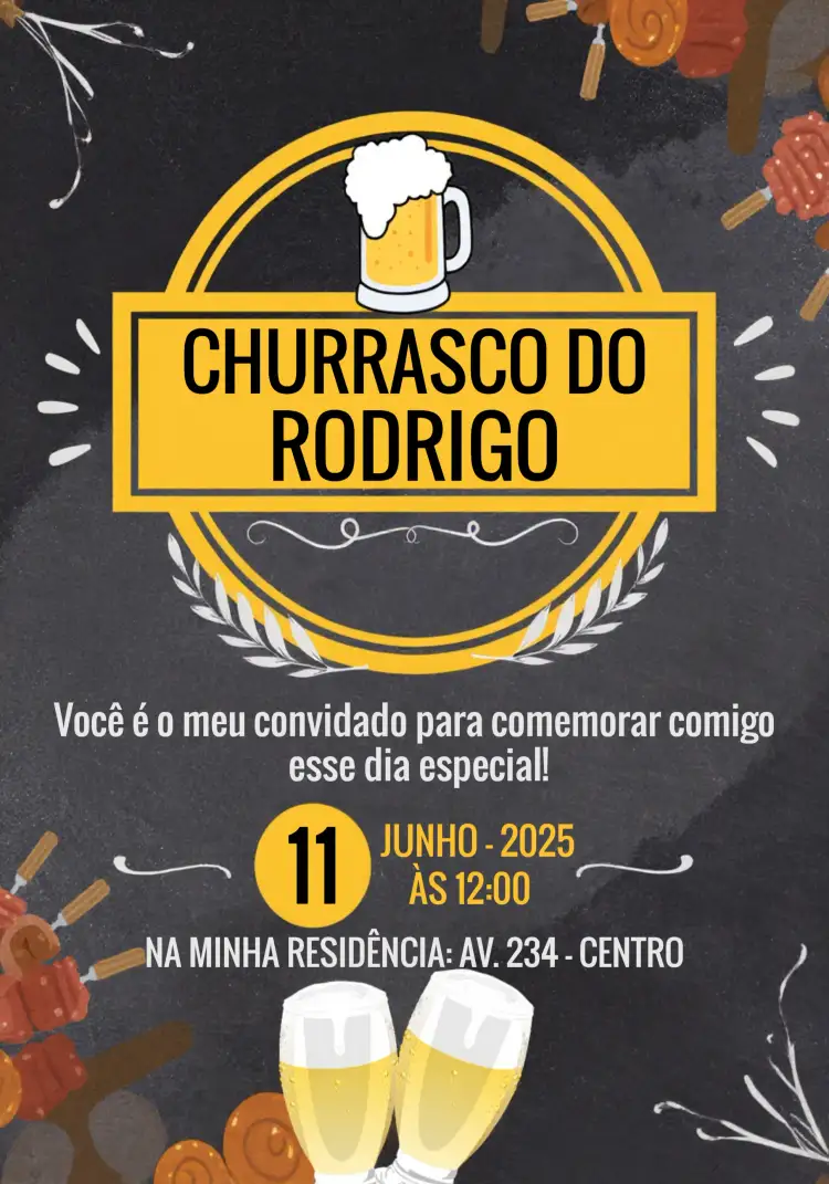 Convite Churrasco Preto – tema Aniversário chalkboard, moderno, elegante, rústico, preto e amarelo