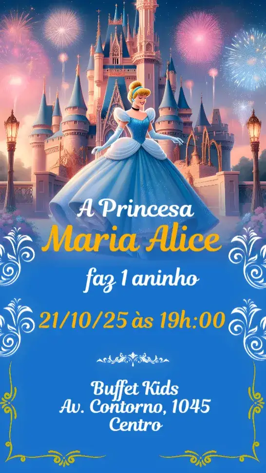 Convite Cinderela – tema Aniversário Infantil cores suaves, elementos de realeza, estilo encantado, mágico, ilustrações de conto de fadas, detalhes em dourado