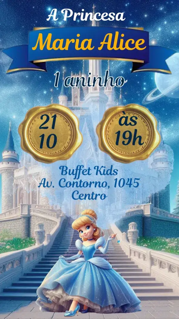 Convite Cinderela – tema Aniversário Infantil princesa, contos de fadas, azul claro, dourado, ilustrações infantis, flores e estrelas