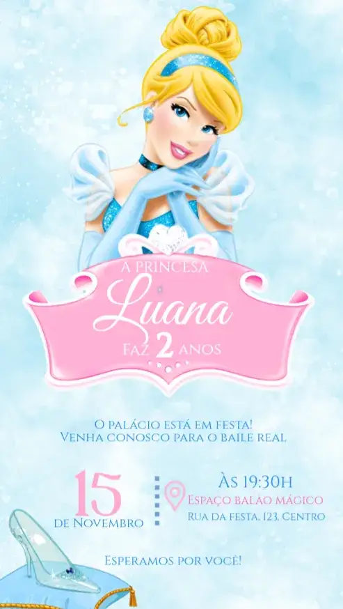 Convite Cinderela – tema Aniversário Infantil azul, rosa, mágico, princesas, Disney, lúdico