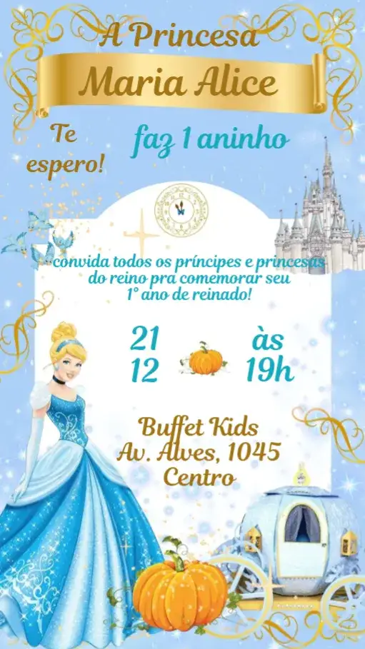 Convite Cinderela – tema Aniversário Infantil azul claro, rosa, dourado, conto de fadas, princesa, brilho