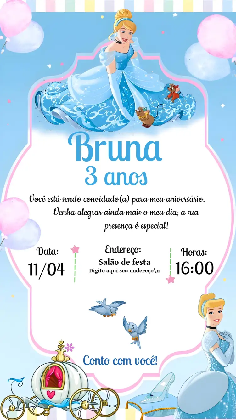 Convite Cinderela Azul – tema Mais pesquisados azul suave, estilo Disney, elementos de conto de fadas, detalhes brilhantes, design encantador, toque mágico