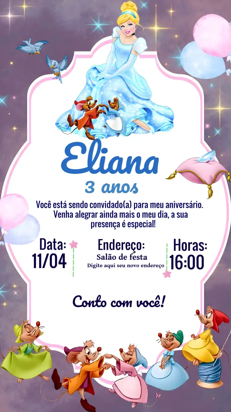 Convite Cinderela Azul – tema Mais pesquisados azul, rosa, fantasia, princesa, mágico, divertido