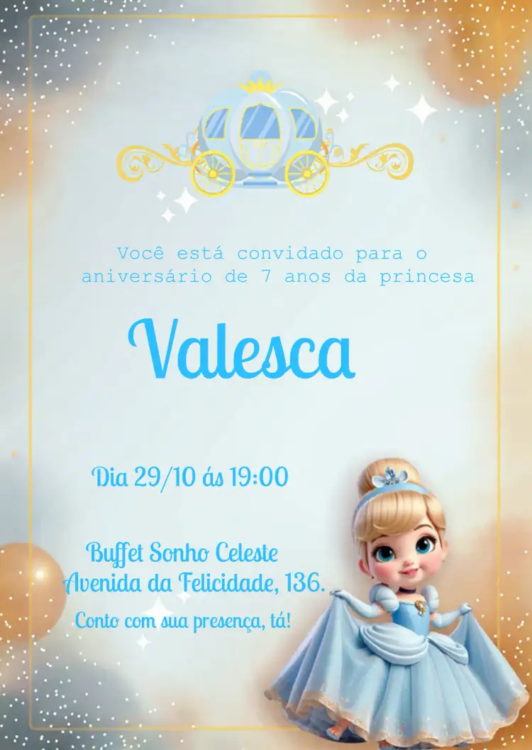 Convite Cinderela Baby Menina – tema Mais pesquisados azul, princesa, Disney, mágico, infantil, colorido