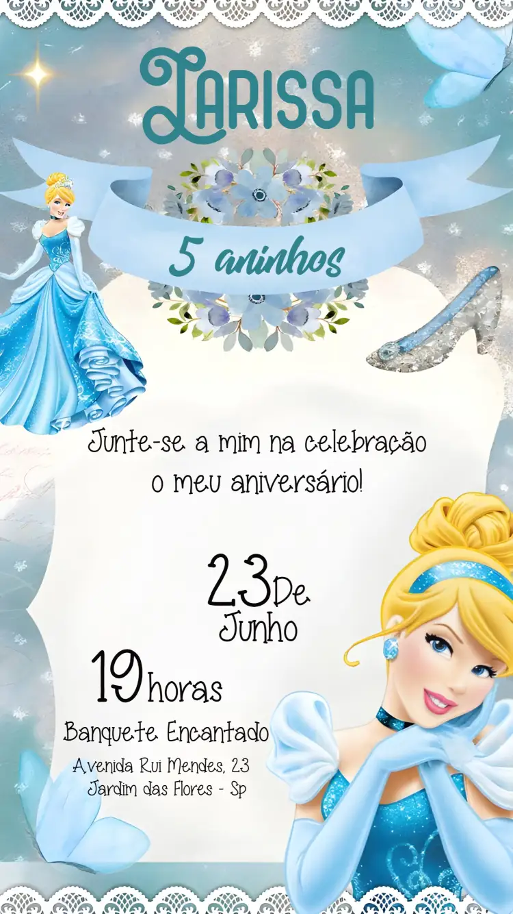 Convite Cinderela Disney – tema Mais pesquisados azul, glitter, princesa, Disney, mágico, infantil