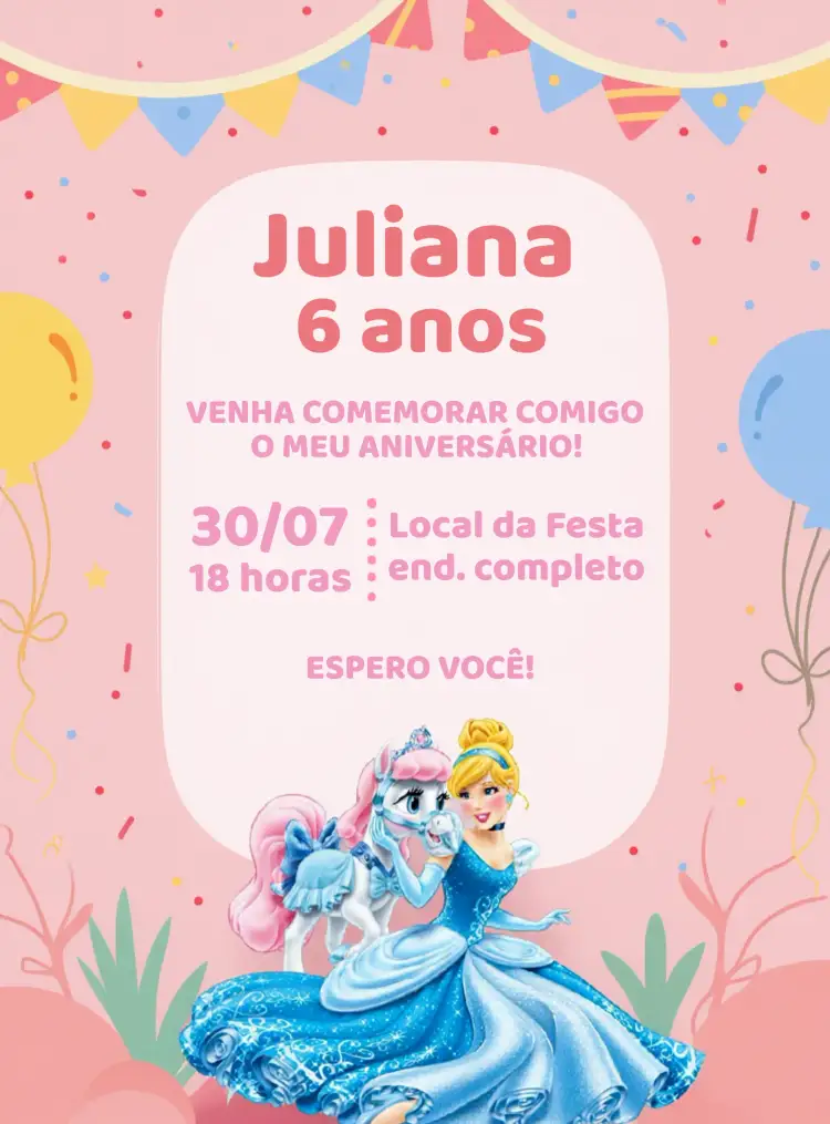 Convite Cinderela E Poney Menina – tema Aniversário Infantil rosa, azul, princesas, fadas, festa mágica, ilustrações infantis