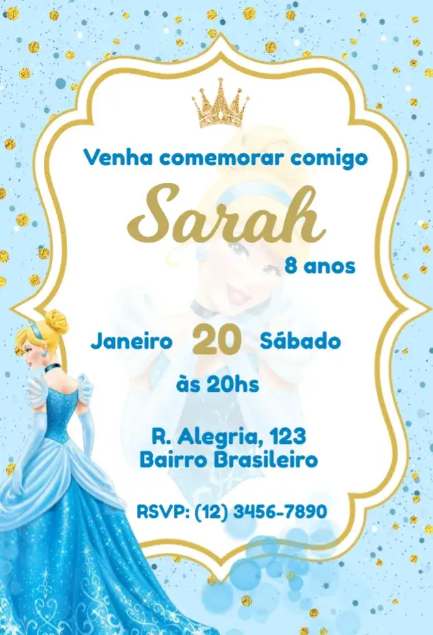 Convite Cinderela Ouro e Azul – tema Aniversário Infantil dourado, azul, princesa, conto de fadas, elegante, mágico