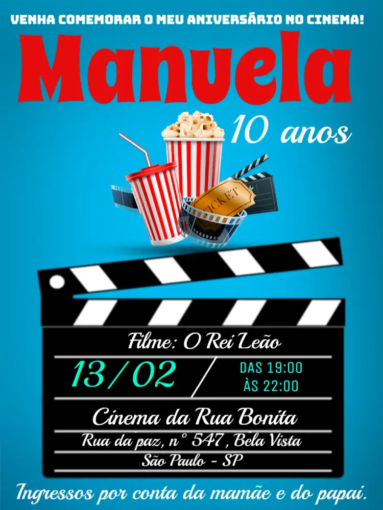Convite Cinema Azul – tema Aniversário cinema, azul, divertido, jovial, festivo, colorido