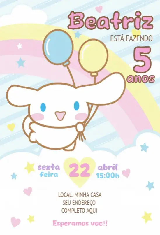 Convite Cinnamoroll 2 – tema Aniversário infantil, lúdico, arco-íris