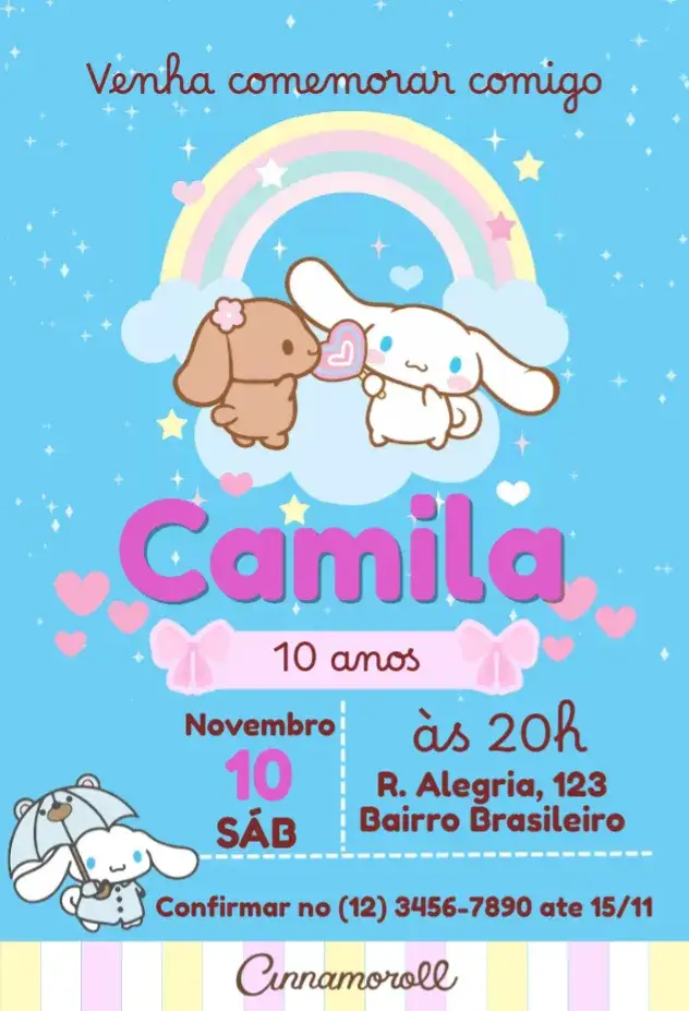 Convite Cinnamoroll – tema Aniversário Infantil fofo, colorido, temático, divertido, infantil, alegre