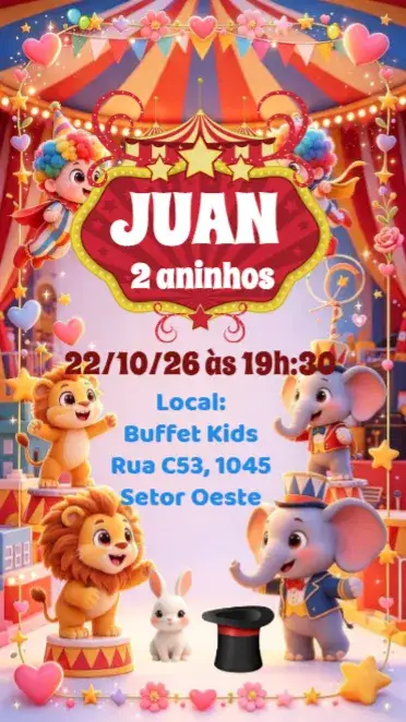 Invitación Circo – tema Aniversário Infantil colorido, divertido, lúdico, temático, alegre