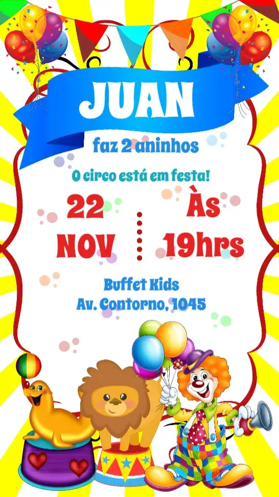Convite Circo – tema Aniversário Infantil colorido, divertido, lúdico, vibrante, circense