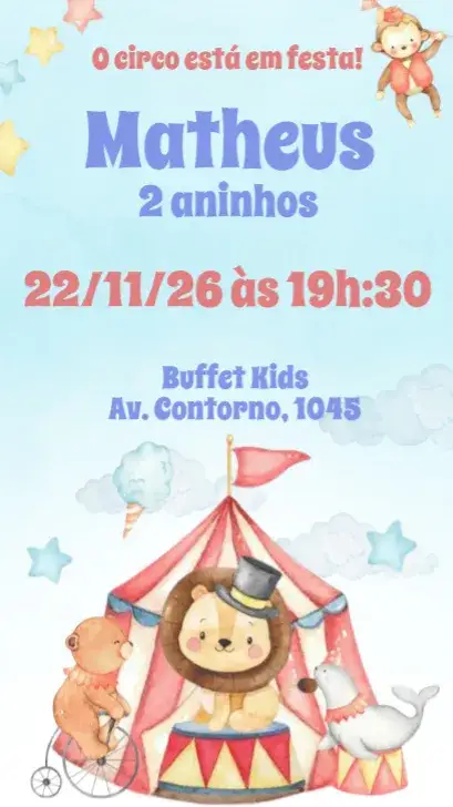 Convite Circo Aquarela – tema Aniversário Infantil colorido, divertido, lúdico, aquarela, temática