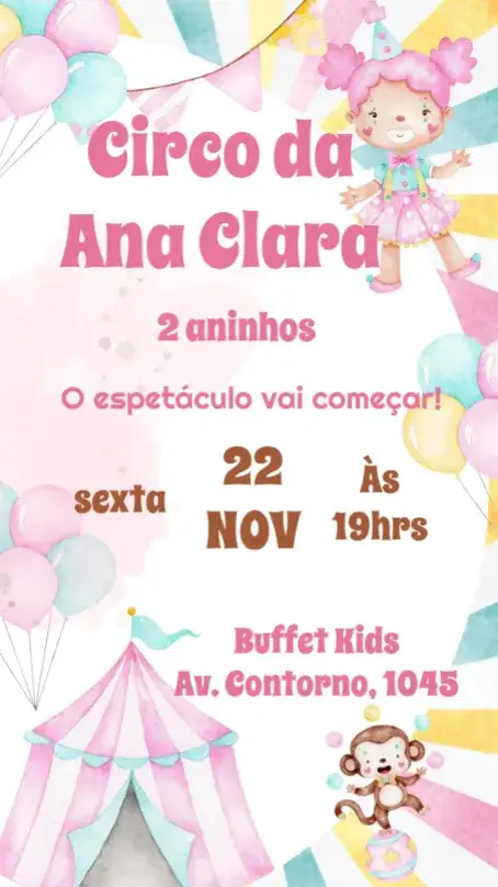 Invitación Circo Aquarela Menina – tema Cumpleaños Infantil acuarela, colorido, lúdico, divertido, temático