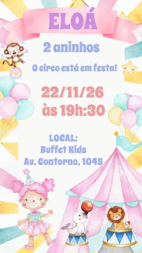 Invitación Circo Acuarela Niña – tema Cumpleaños Infantil acuarela, lúdico, colorido, divertido, infantil, circense