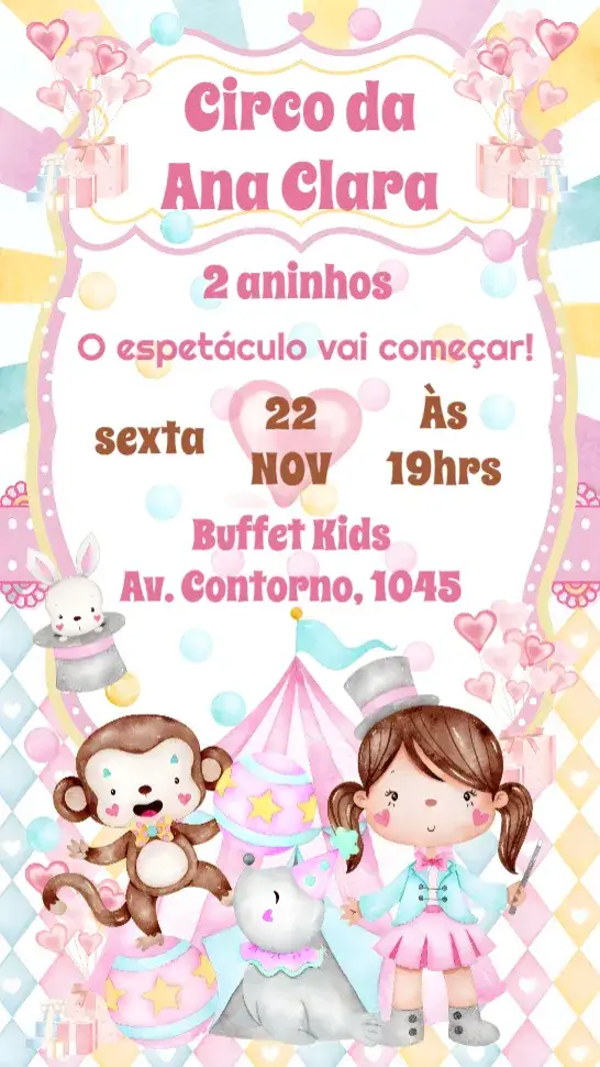 Convite Circo Aquarela Menina – tema Aniversário Infantil colorido, lúdico, divertido, aquarela, circense, infantil