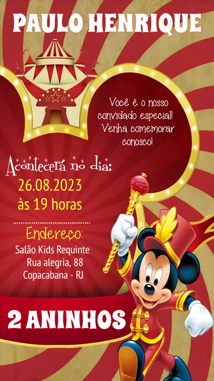 Convite Circo Do Mickey Mouse – tema Aniversário Infantil vermelho, azul, colorido, divertido, temática de circo, infantil