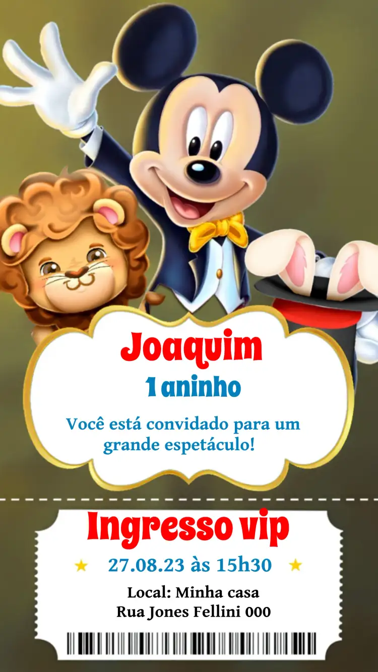Convite Circo Do Mickey Mouse Preto – tema Mais pesquisados colorido, divertido, cartoon, infantil, mágico, brincalhão