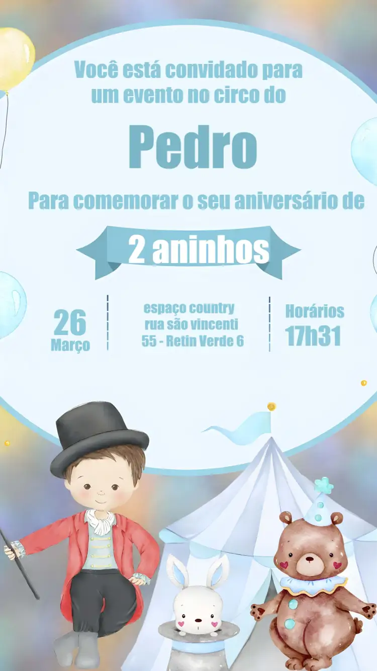 Convite Circo Menino – tema Aniversário Infantil aquarela, circense, azul, divertido, colorido