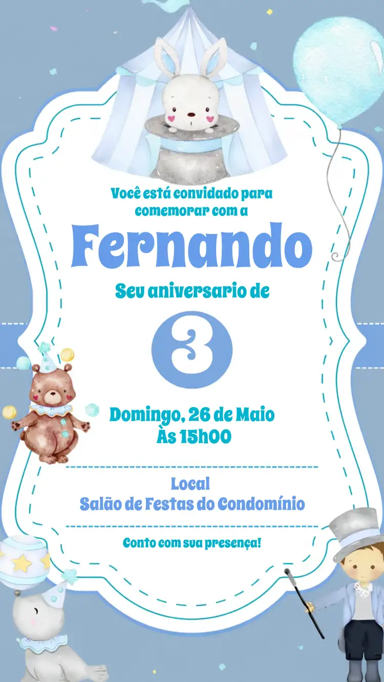 Convite Circo Menino Aquarela – tema Aniversário Infantil circense, vintage, aquarela, azul, ilustrações divertidas
