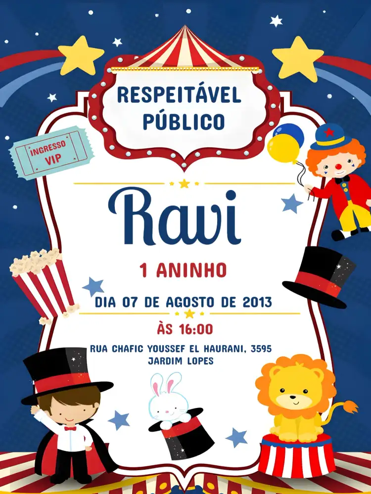 Convite Circo Menino – tema Mais pesquisados colorido, divertido, ilustrações de circo, brincalhão, festivo
