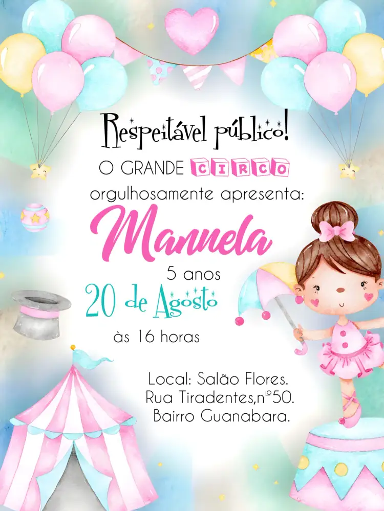 Convite Circo Rosa – tema Mais pesquisados aquarela, colorido, infantil, divertido, temático, lúdico