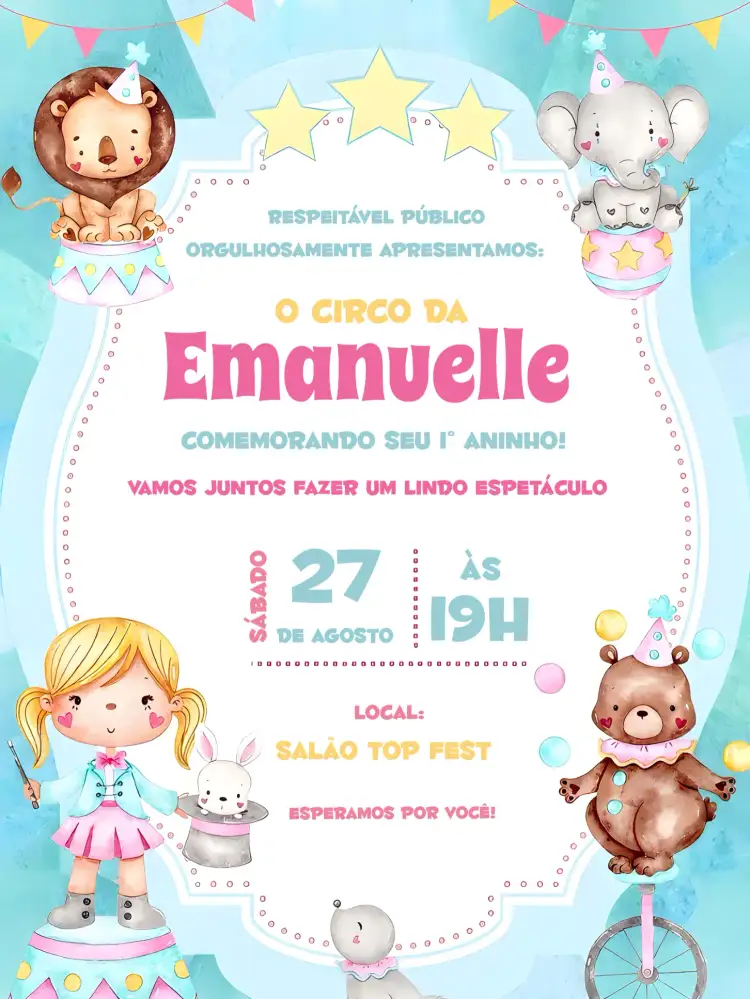 Convite Circo Rosa Infantil – tema Aniversário Infantil rosa, divertido, lúdico, colorido, circense