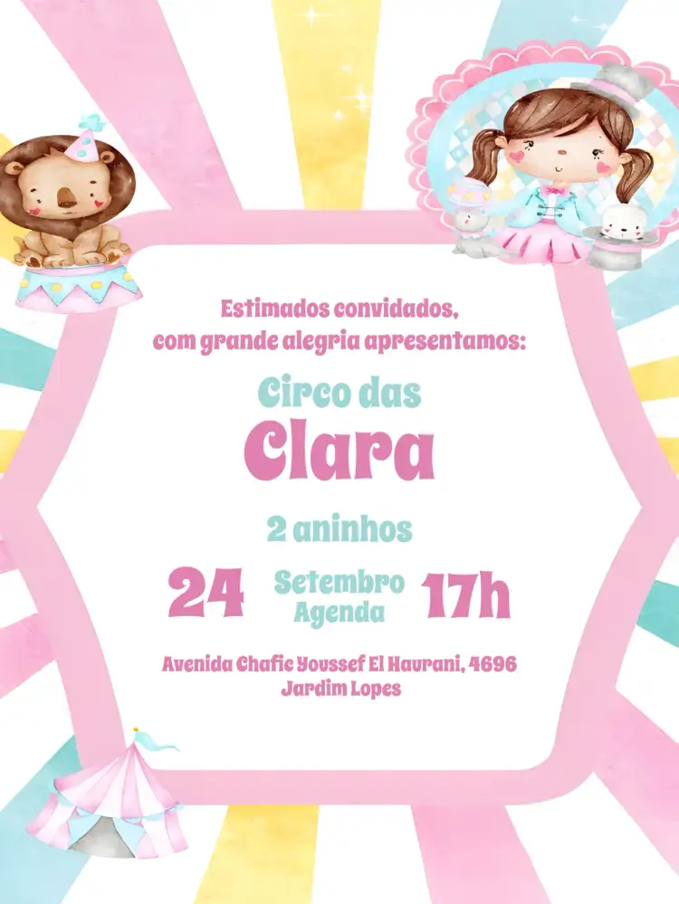 Convite Circo Rosa Menina – tema Mais pesquisados rosa, colorido, circense, divertido, lúdico, brilhante