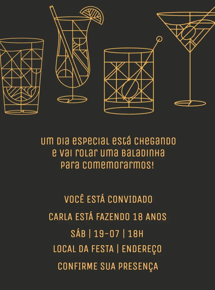 Convite Cocktail Balada Drinks Dourado – tema Aniversário dourado, elegante, moderno, balada, sofisticado, minimalista
