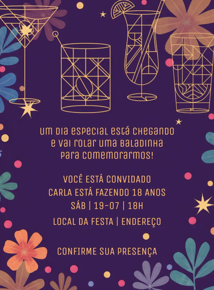 Convite Cocktail Balada Drinks Elegant – tema Aniversário elegante, dourado, moderno, luxuoso, vibrante, sofisticado