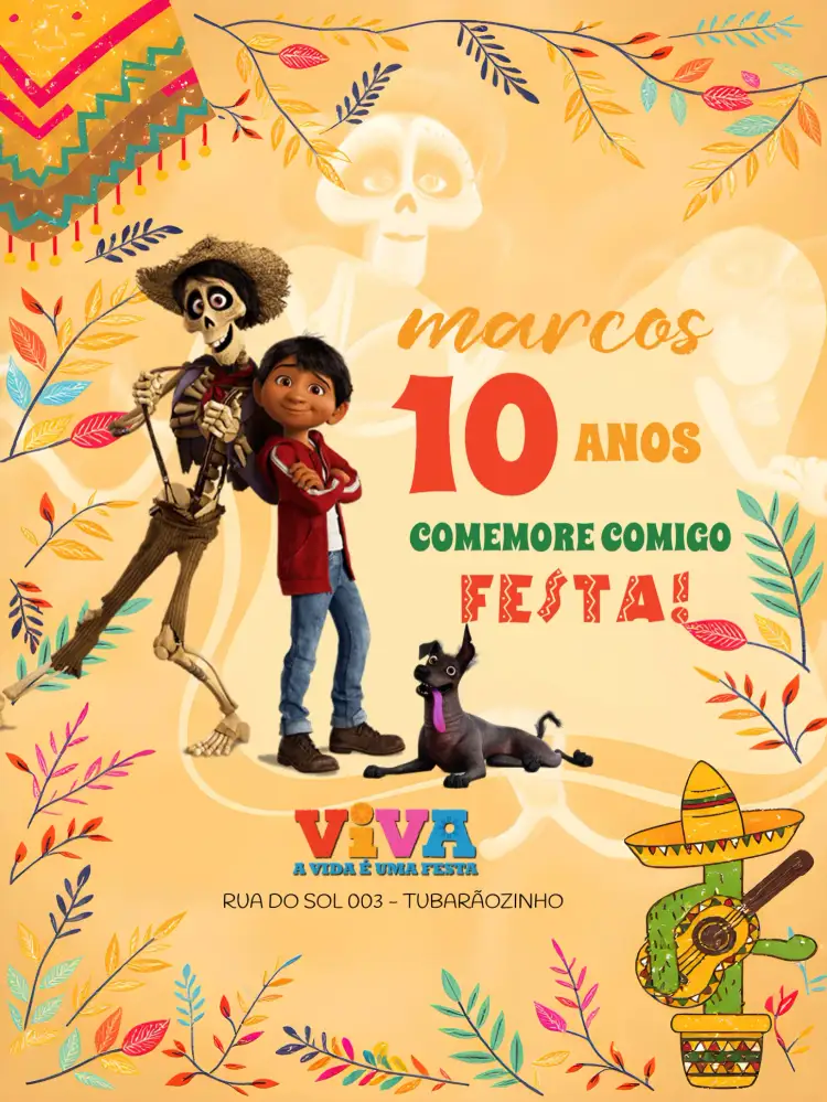 Convite Coco Viva A Vida É Uma Festa Amarelo – tema Mais pesquisados colorido, vibrante, festivo, tropical, moderno, ilustração