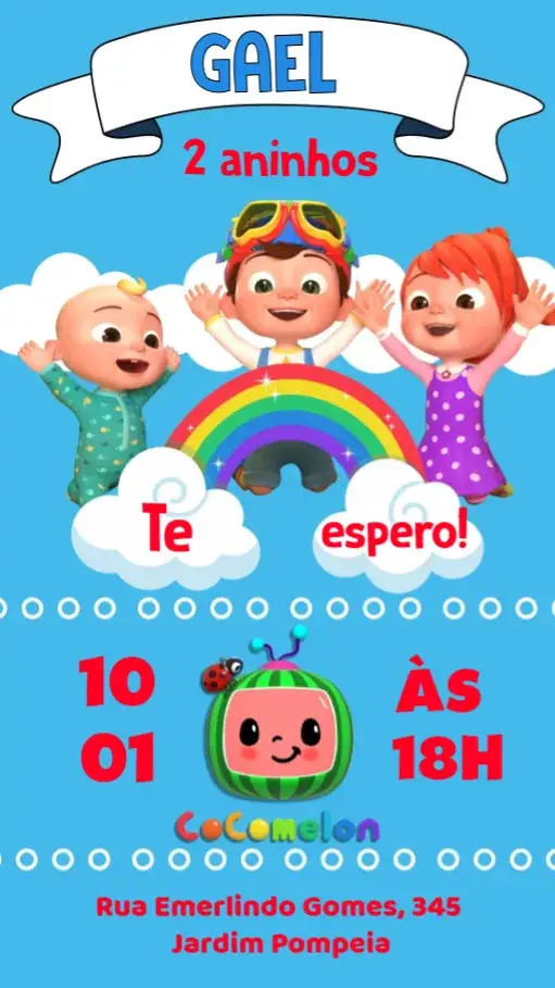 Convite Cocomelon – tema Cartão colorido, divertido, infantil, vibrante, temática de desenho, lúdico