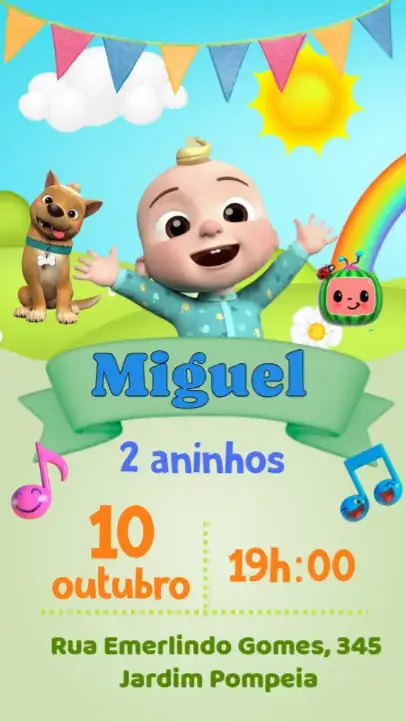 Convite Cocomelon – tema Aniversário Infantil colorido, divertido, infantil, temático, alegre, brincalhão