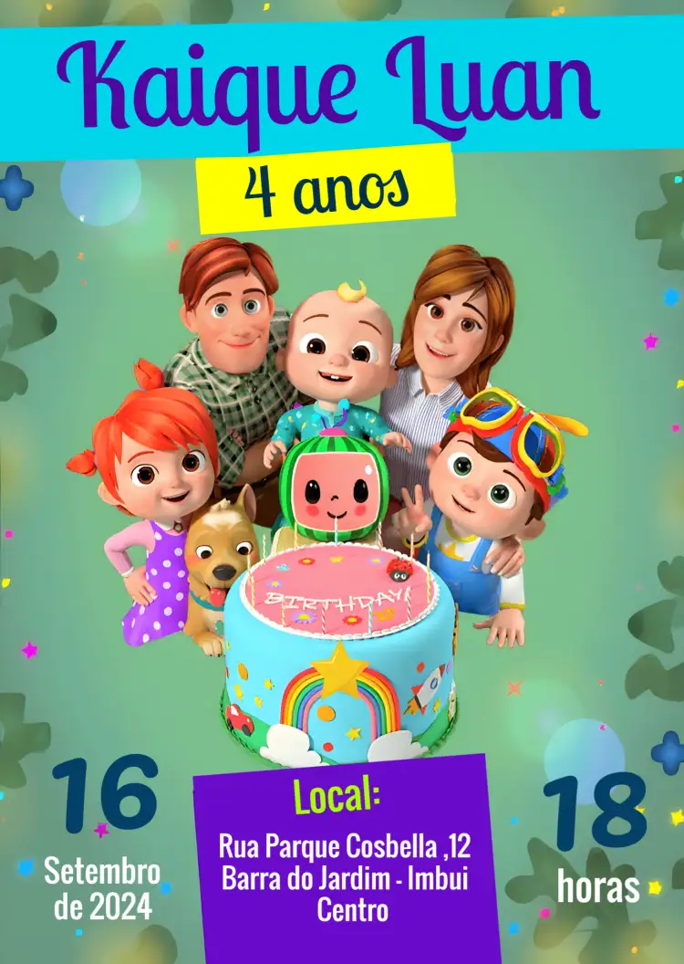 Convite Cocomelon Infantil – tema Aniversário Infantil colorido, divertido, infantil, temático, alegre
