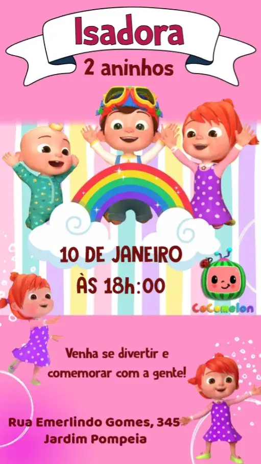 Convite Cocomelon Menina – tema Aniversário Infantil colorido, divertido, infantil, moderno, alegre