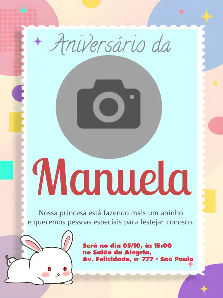 Convite Coelhinho Com Foto Infantil – tema Mais pesquisados colorido, fofo, infantil, primavera, divertido
