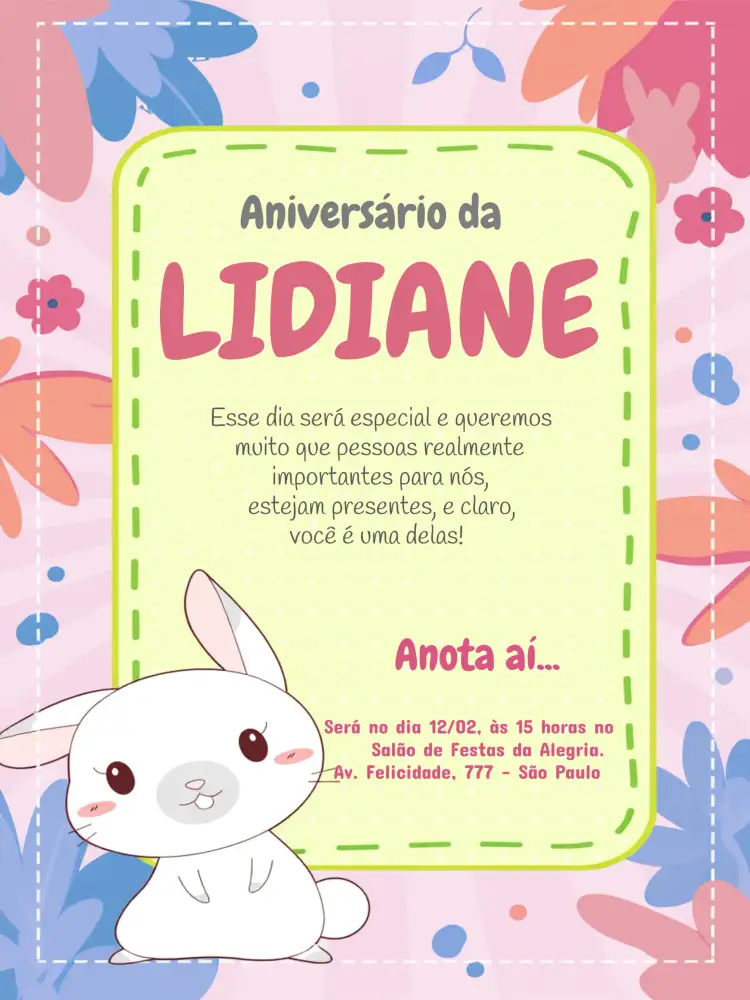 Convite Coelhinho Infantil Rosa – tema Aniversário Infantil fofo, colorido, divertido, infantil, lúdico